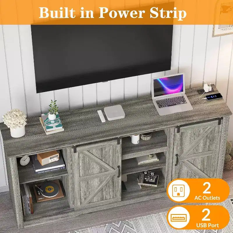 Meuble TV de ferme 70 pouces pour téléviseurs jusqu'à 80 pouces, gris foncé, meuble TV avec porte coulissante de style grange et étagères réglables pour salon