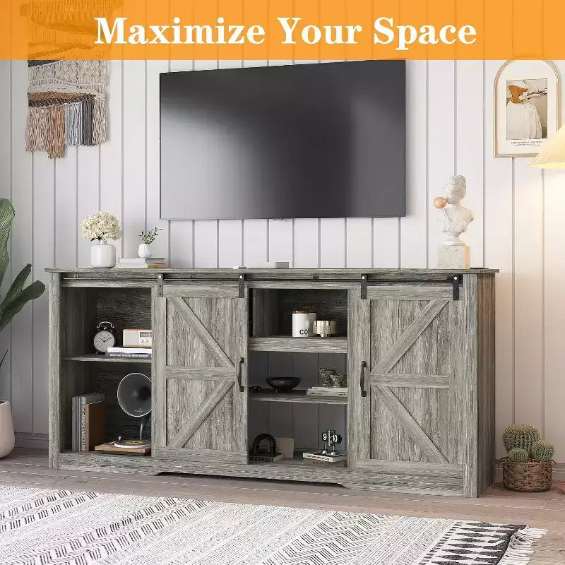 Meuble TV de ferme 70 pouces pour téléviseurs jusqu'à 80 pouces, gris foncé, meuble TV avec porte coulissante de style grange et étagères réglables pour salon