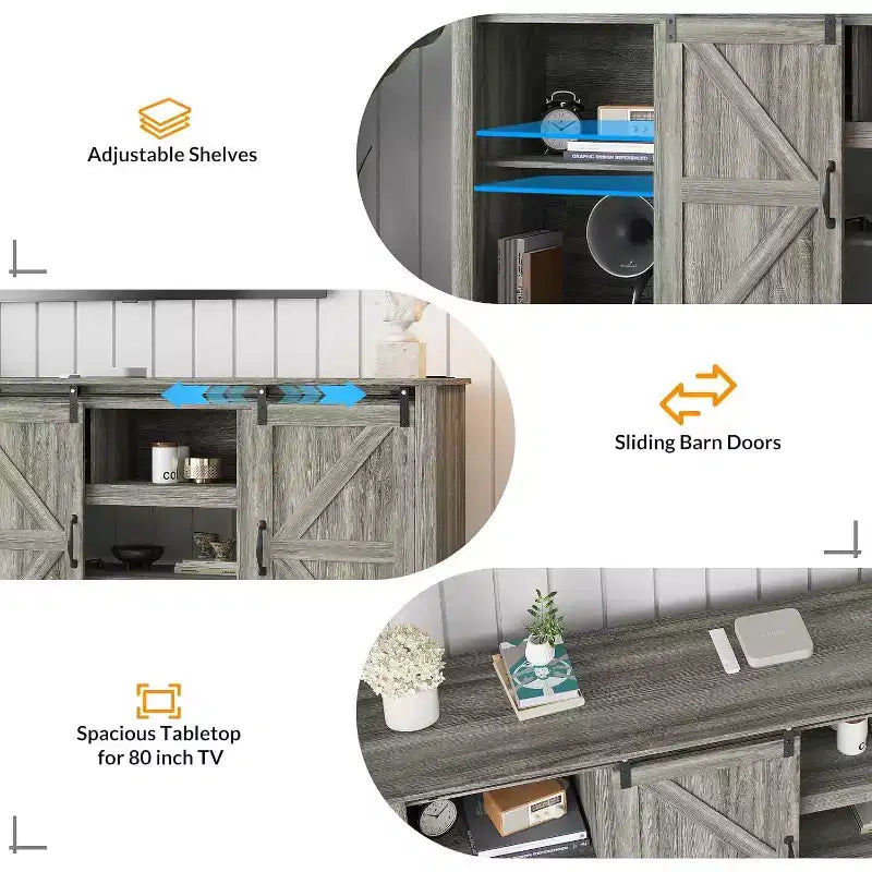Meuble TV de ferme 70 pouces pour téléviseurs jusqu'à 80 pouces, gris foncé, meuble TV avec porte coulissante de style grange et étagères réglables pour salon