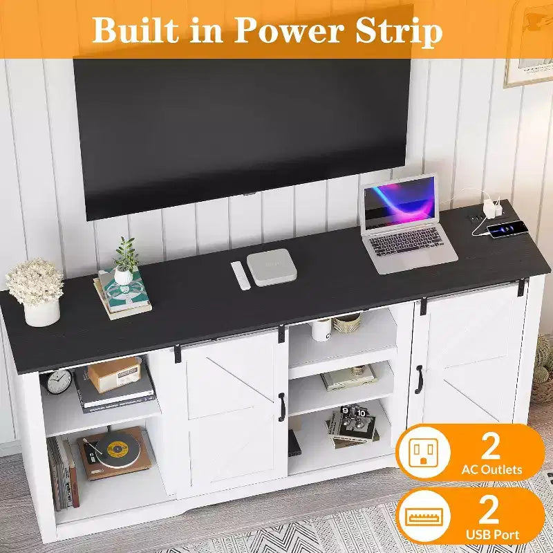 Meuble TV de ferme 70 pouces pour téléviseurs jusqu'à 80 pouces, gris foncé, meuble TV avec porte coulissante de style grange et étagères réglables pour salon