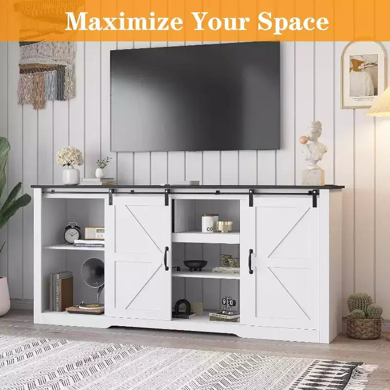 Meuble TV de ferme 70 pouces pour téléviseurs jusqu'à 80 pouces, gris foncé, meuble TV avec porte coulissante de style grange et étagères réglables pour salon