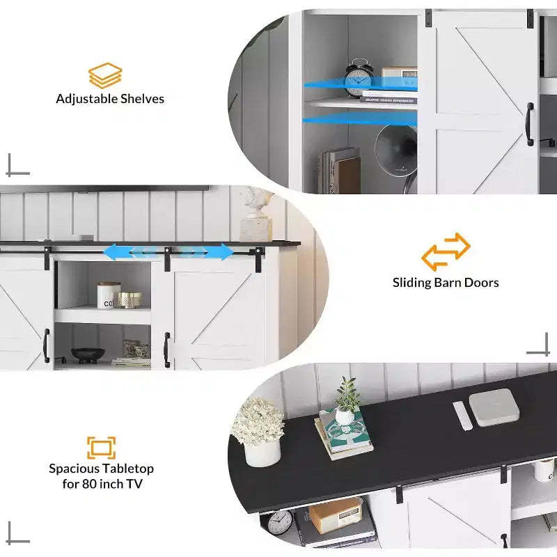 Meuble TV de ferme 70 pouces pour téléviseurs jusqu'à 80 pouces, gris foncé, meuble TV avec porte coulissante de style grange et étagères réglables pour salon