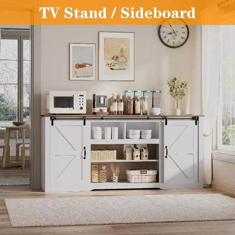 Meuble TV de ferme 70 pouces pour téléviseurs jusqu'à 80 pouces, gris foncé, meuble TV avec porte coulissante de style grange et étagères réglables pour salon