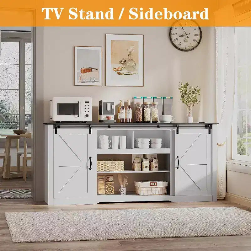 Meuble TV de ferme 70 pouces pour téléviseurs jusqu'à 80 pouces, gris foncé, meuble TV avec porte coulissante de style grange et étagères réglables pour salon