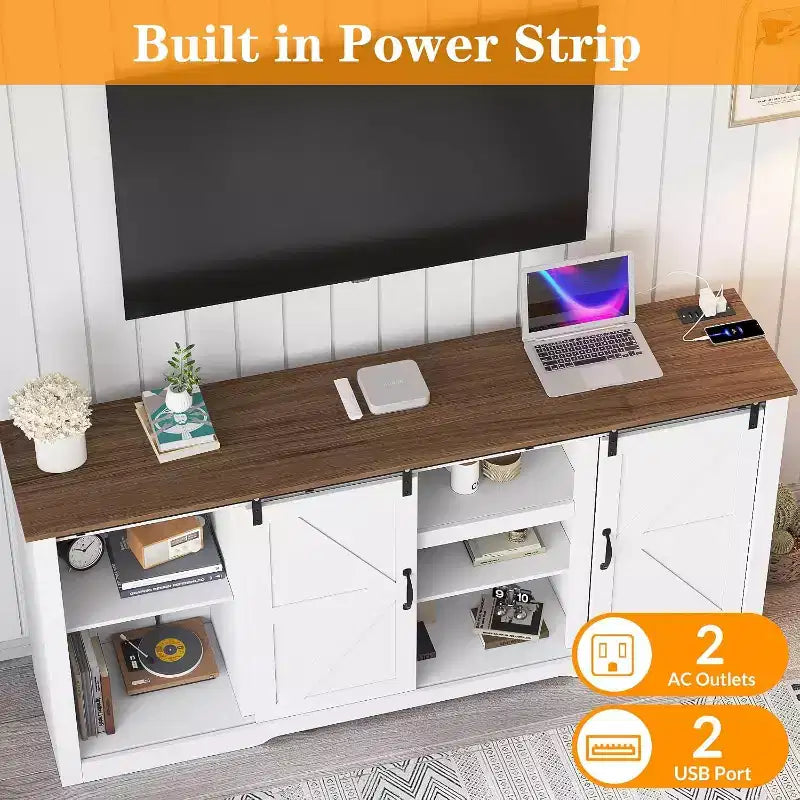 Meuble TV de ferme 70 pouces pour téléviseurs jusqu'à 80 pouces, gris foncé, meuble TV avec porte coulissante de style grange et étagères réglables pour salon