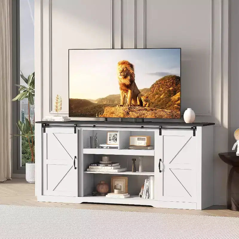 Acekool 70 Farmhouse TV Stand for TVs up to 80, Dark Grey, Sliding Barn Door Entertainment Center with Adjustable Shelves for Living Room