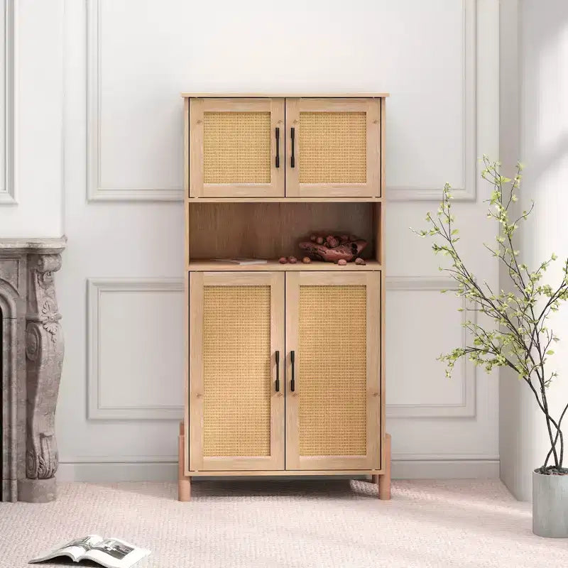 Modern 4-Door Storage Cabinet with Woven Rattan Doors & Adjustable Shelves for Living Room & Dining Room Natural