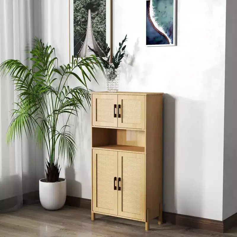 Meuble de rangement moderne à 4 portes avec portes en rotin tressé et étagères réglables pour salon et salle à manger, naturel