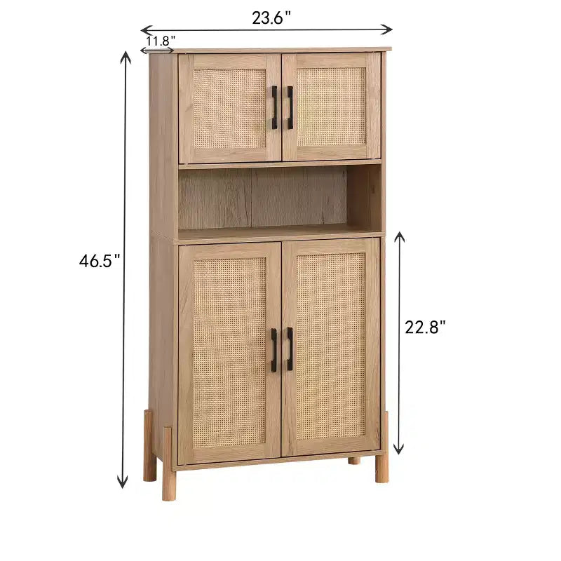 Meuble de rangement moderne à 4 portes avec portes en rotin tressé et étagères réglables pour salon et salle à manger, naturel