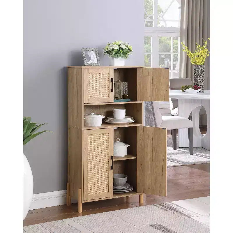 Meuble de rangement moderne à 4 portes avec portes en rotin tressé et étagères réglables pour salon et salle à manger, naturel