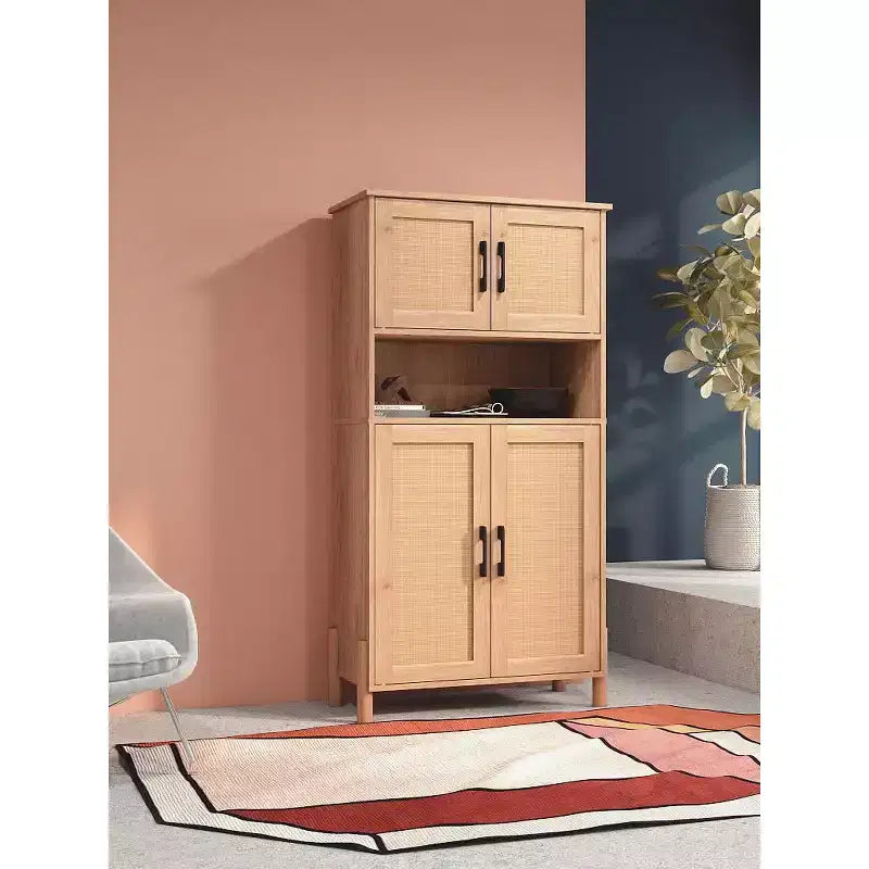 Meuble de rangement moderne à 4 portes avec portes en rotin tressé et étagères réglables pour salon et salle à manger, naturel