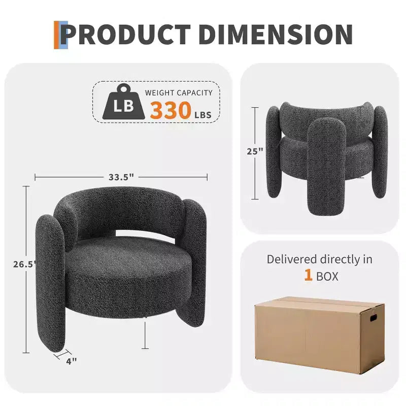 Fauteuil d'appoint moderne en chenille, revêtement d'inspiration Mid-Century, coins arrondis pour salon, chambre, bureau ou café, gris