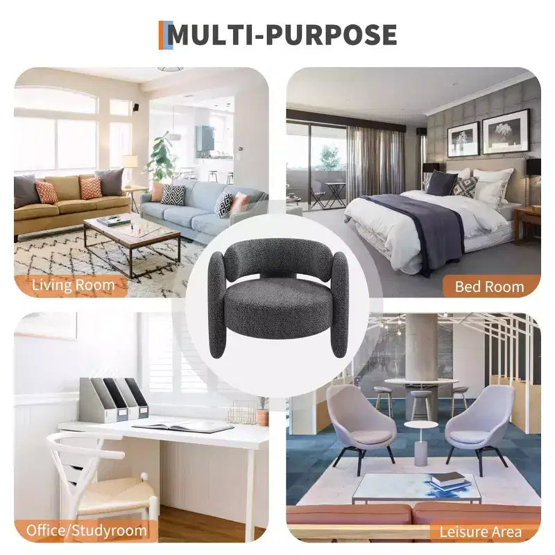 Fauteuil d'appoint moderne en chenille, revêtement d'inspiration Mid-Century, coins arrondis pour salon, chambre, bureau ou café, gris
