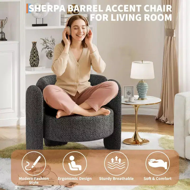Fauteuil d'appoint moderne en chenille, revêtement d'inspiration Mid-Century, coins arrondis pour salon, chambre, bureau ou café, gris