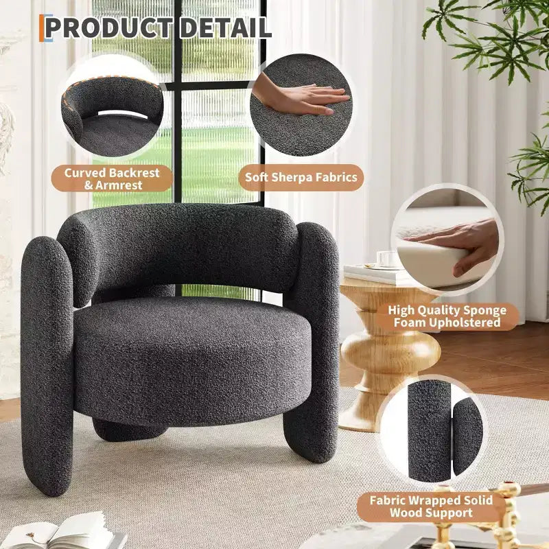 Fauteuil d'appoint moderne en chenille, revêtement d'inspiration Mid-Century, coins arrondis pour salon, chambre, bureau ou café, gris