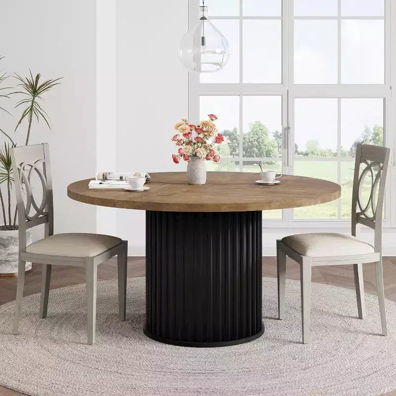 Table à manger ronde de 47 pouces pour 4 à 6 personnes, table de cuisine industrielle avec piétement central en métal ondulé pour salle à manger