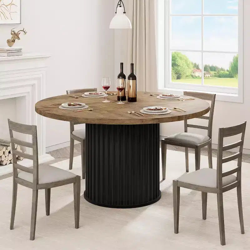 Table à manger ronde de 47 pouces pour 4 à 6 personnes, table de cuisine industrielle avec piétement central en métal ondulé pour salle à manger