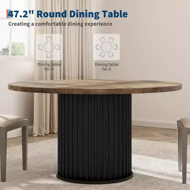 Table à manger ronde de 47 pouces pour 4 à 6 personnes, table de cuisine industrielle avec piétement central en métal ondulé pour salle à manger