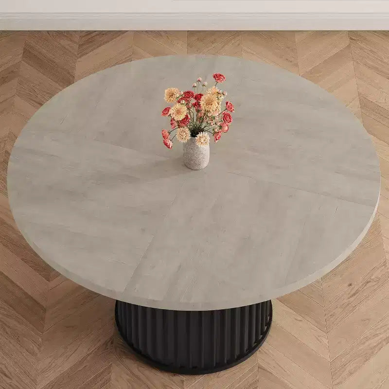 Table à manger ronde de 47 pouces pour 4 à 6 personnes, table de cuisine industrielle avec piétement central en métal ondulé pour salle à manger