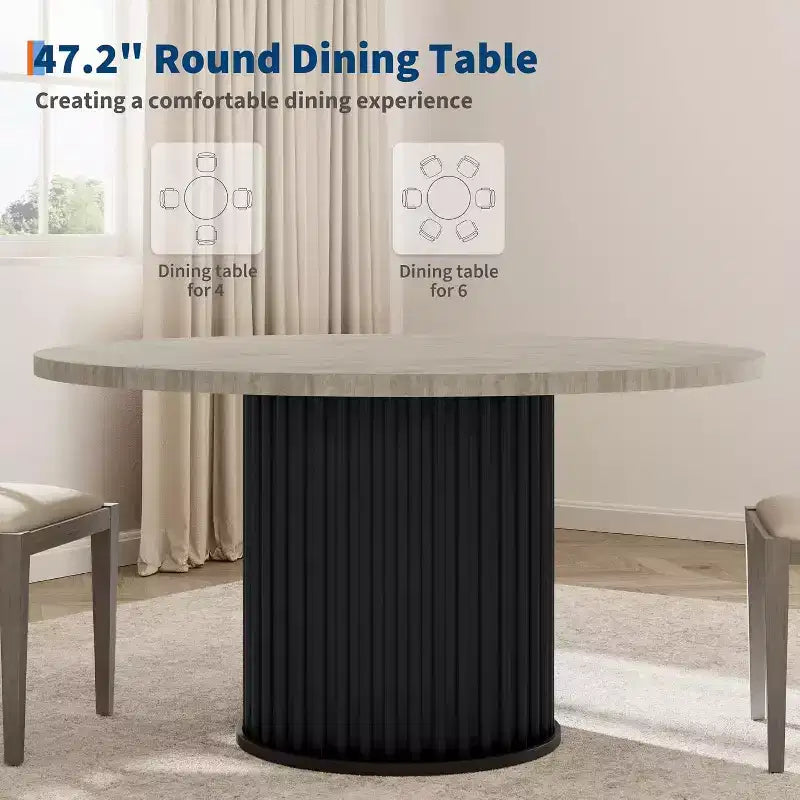 Table à manger ronde de 47 pouces pour 4 à 6 personnes, table de cuisine industrielle avec piétement central en métal ondulé pour salle à manger