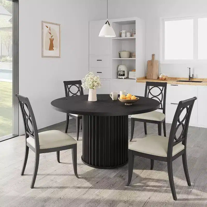 Table à manger ronde de 47 pouces pour 4 à 6 personnes, table de cuisine industrielle avec piétement central en métal ondulé pour salle à manger