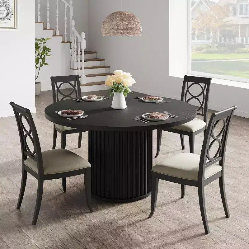 Table à manger ronde de 47 pouces pour 4 à 6 personnes, table de cuisine industrielle avec piétement central en métal ondulé pour salle à manger