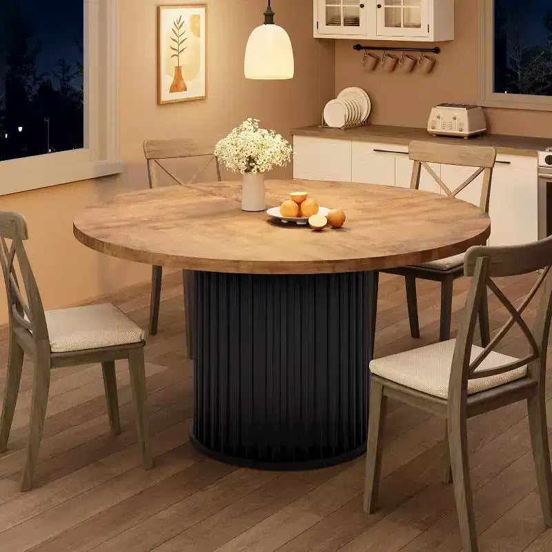 Table à manger ronde de 47 pouces pour 4 à 6 personnes, table de cuisine industrielle avec piétement central en métal ondulé pour salle à manger