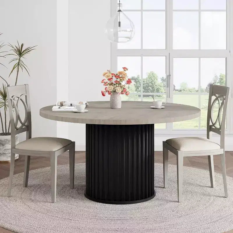 Table à manger ronde de 47 pouces pour 4 à 6 personnes, table de cuisine industrielle avec piétement central en métal ondulé pour salle à manger