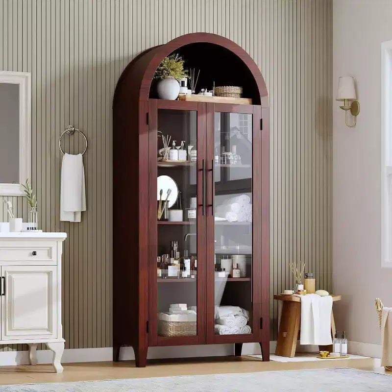 Meuble de rangement avec portes vitrées cintrées, bibliothèque avec portes vitrées et étagère réglable pour entrée
