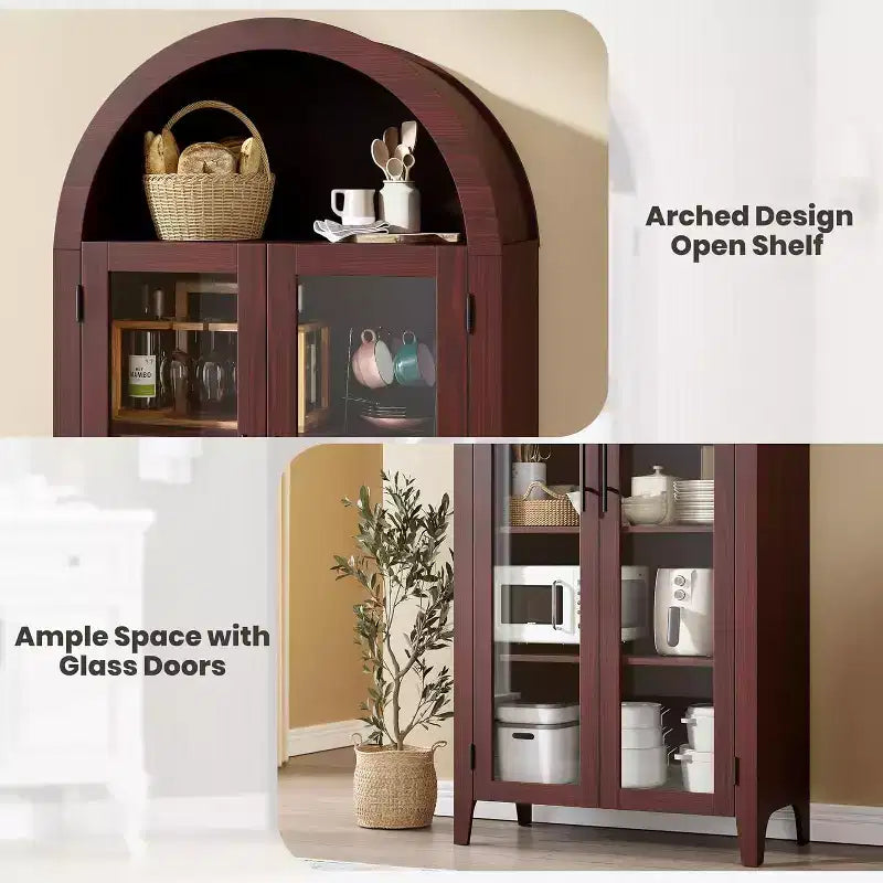 Meuble de rangement avec portes vitrées cintrées, bibliothèque avec portes vitrées et étagère réglable pour entrée