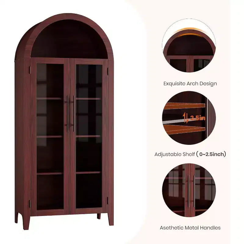 Meuble de rangement avec portes vitrées cintrées, bibliothèque avec portes vitrées et étagère réglable pour entrée