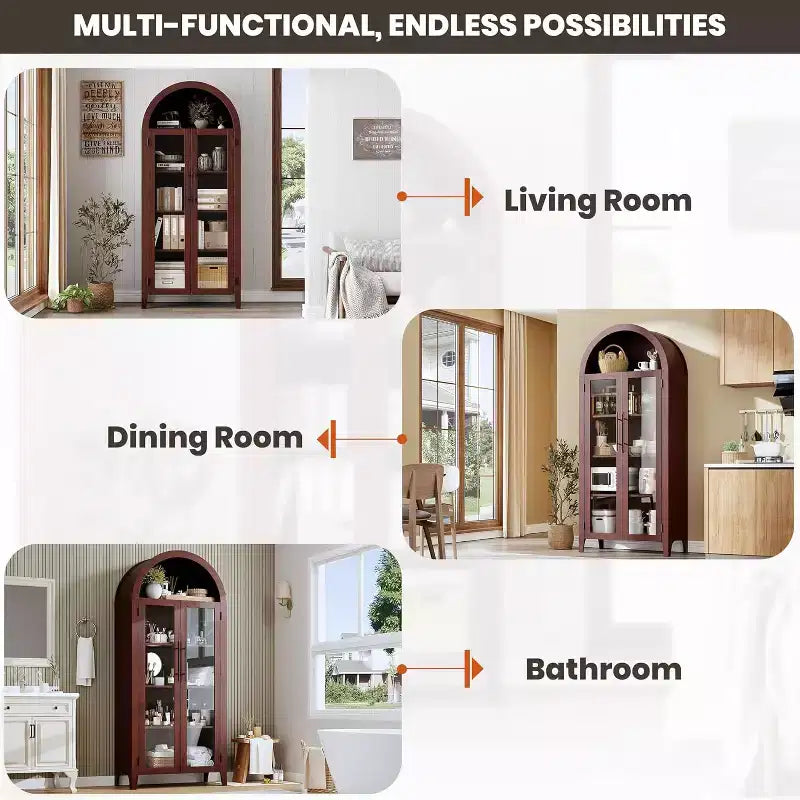 Meuble de rangement avec portes vitrées cintrées, bibliothèque avec portes vitrées et étagère réglable pour entrée