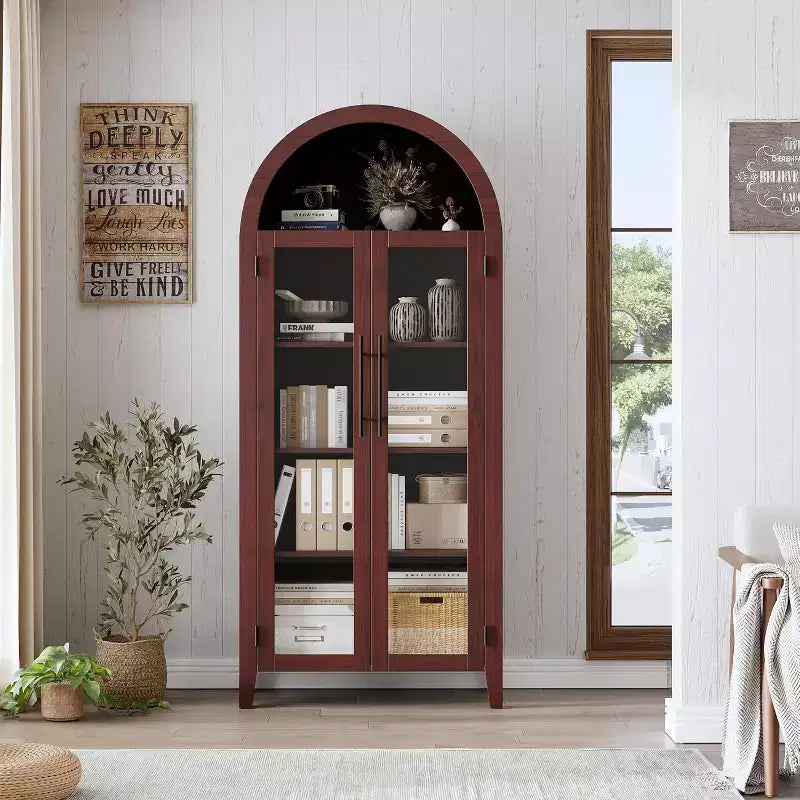 Meuble de rangement avec portes vitrées cintrées, bibliothèque avec portes vitrées et étagère réglable pour entrée