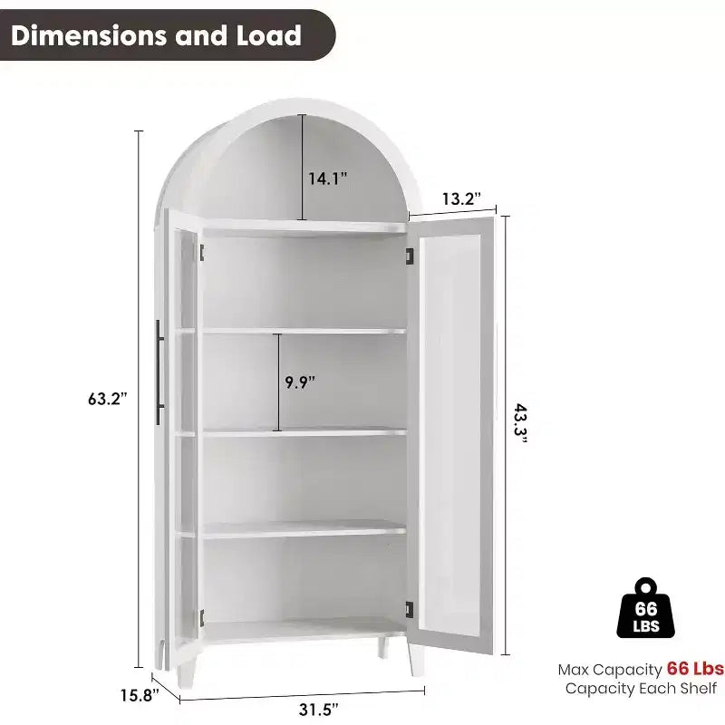 Meuble de rangement avec portes vitrées cintrées, bibliothèque avec portes vitrées et étagère réglable pour entrée