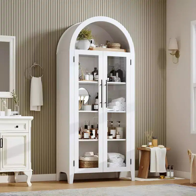 Meuble de rangement avec portes vitrées cintrées, bibliothèque avec portes vitrées et étagère réglable pour entrée