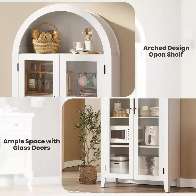 Meuble de rangement avec portes vitrées cintrées, bibliothèque avec portes vitrées et étagère réglable pour entrée
