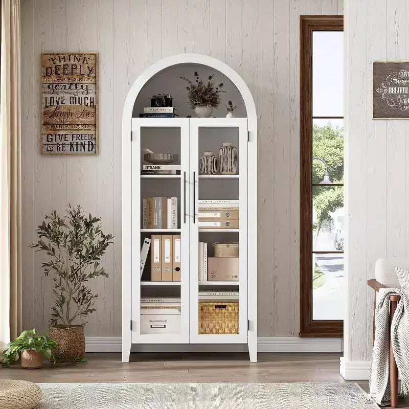 Meuble de rangement avec portes vitrées cintrées, bibliothèque avec portes vitrées et étagère réglable pour entrée