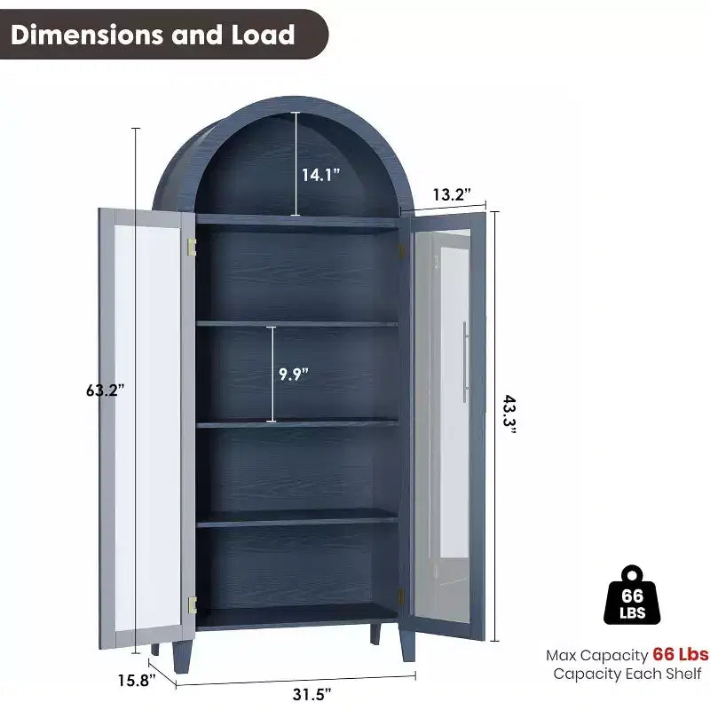 Meuble de rangement avec portes vitrées cintrées, bibliothèque avec portes vitrées et étagère réglable pour entrée