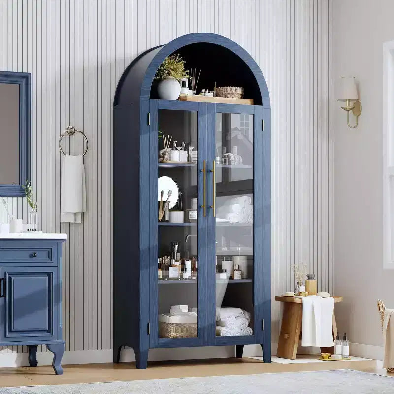 Meuble de rangement avec portes vitrées cintrées, bibliothèque avec portes vitrées et étagère réglable pour entrée