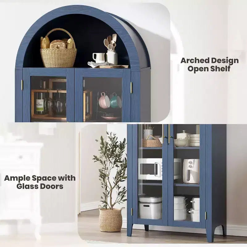 Meuble de rangement avec portes vitrées cintrées, bibliothèque avec portes vitrées et étagère réglable pour entrée