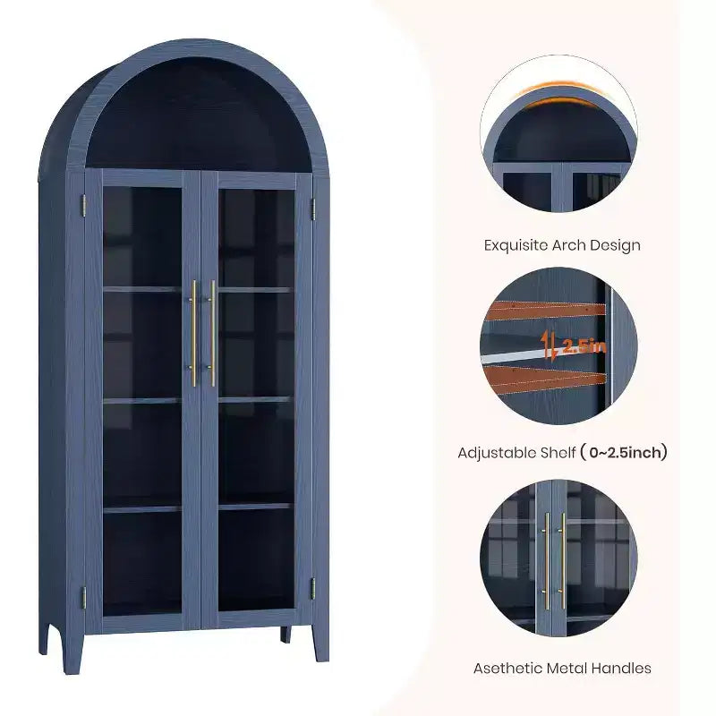 Meuble de rangement avec portes vitrées cintrées, bibliothèque avec portes vitrées et étagère réglable pour entrée