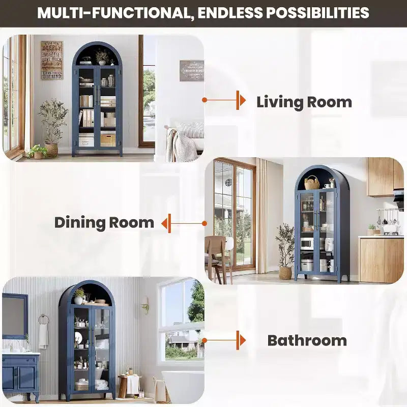 Meuble de rangement avec portes vitrées cintrées, bibliothèque avec portes vitrées et étagère réglable pour entrée