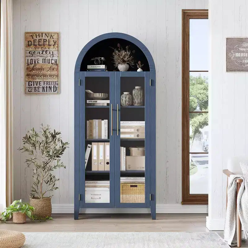 Meuble de rangement avec portes vitrées cintrées, bibliothèque avec portes vitrées et étagère réglable pour entrée