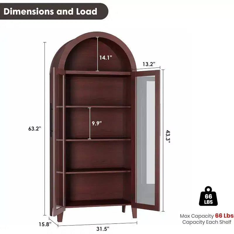 Meuble de rangement avec portes vitrées cintrées, bibliothèque avec portes vitrées et étagère réglable pour entrée