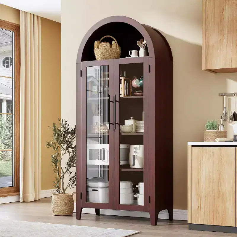 Meuble de rangement avec portes vitrées cintrées, bibliothèque avec portes vitrées et étagère réglable pour entrée