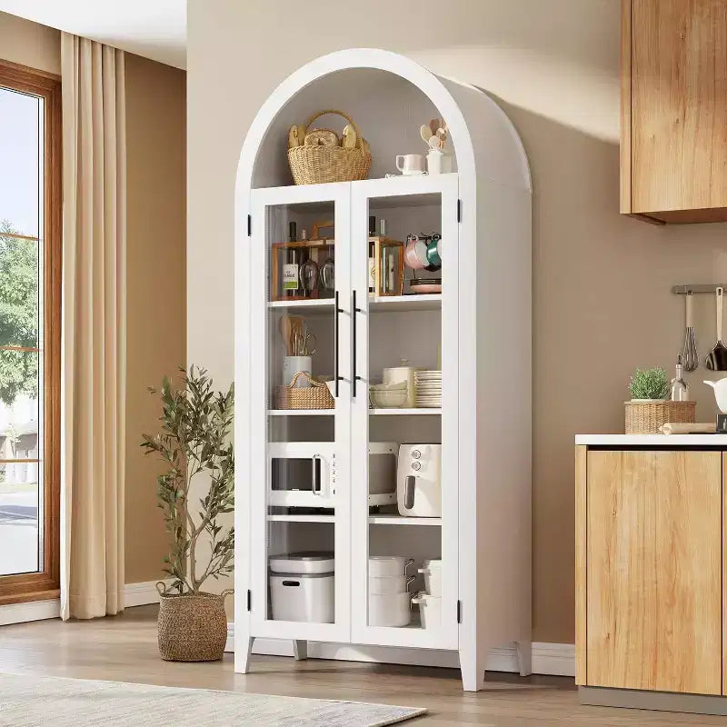 Meuble de rangement avec portes vitrées cintrées, bibliothèque avec portes vitrées et étagère réglable pour entrée