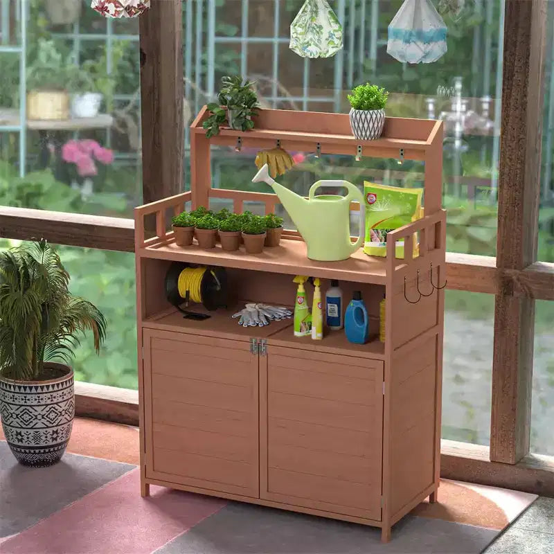Outdoor Potting Bench Table, Garden Work Bench with 5 Hangers, Bottom Large Storage Cabinet, Top Shelves, Wooden Workstation Potting Table Brown
