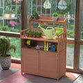 Outdoor Potting Bench Table, Garden Work Bench with 5 Hangers, Bottom Large Storage Cabinet, Top Shelves, Wooden Workstation Potting Table Brown