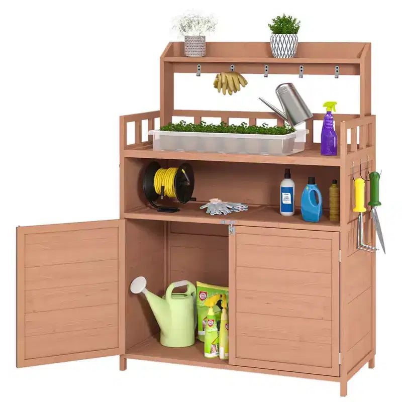 Table de rempotage d'extérieur, établi de jardin avec 5 crochets, grand meuble de rangement inférieur, étagères supérieures, table de rempotage en bois marron
