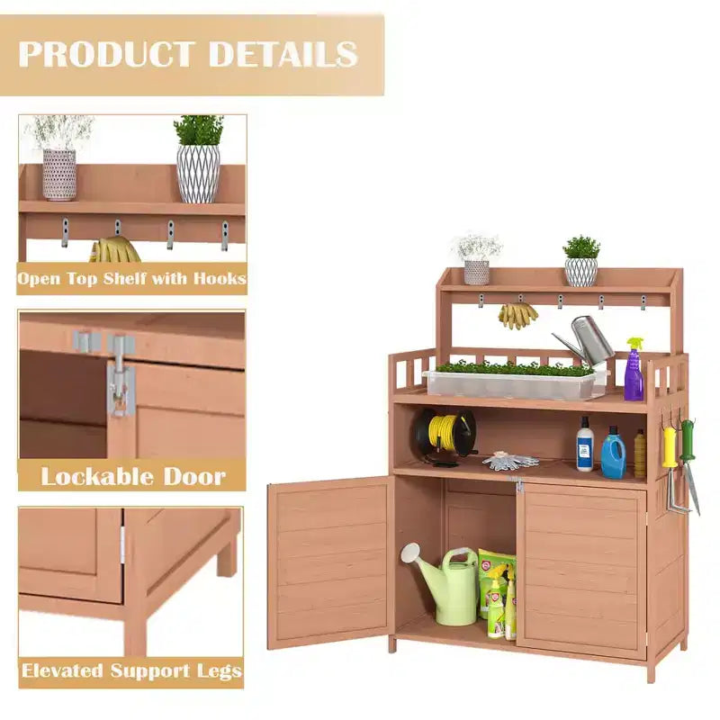 Table de rempotage d'extérieur, établi de jardin avec 5 crochets, grand meuble de rangement inférieur, étagères supérieures, table de rempotage en bois marron
